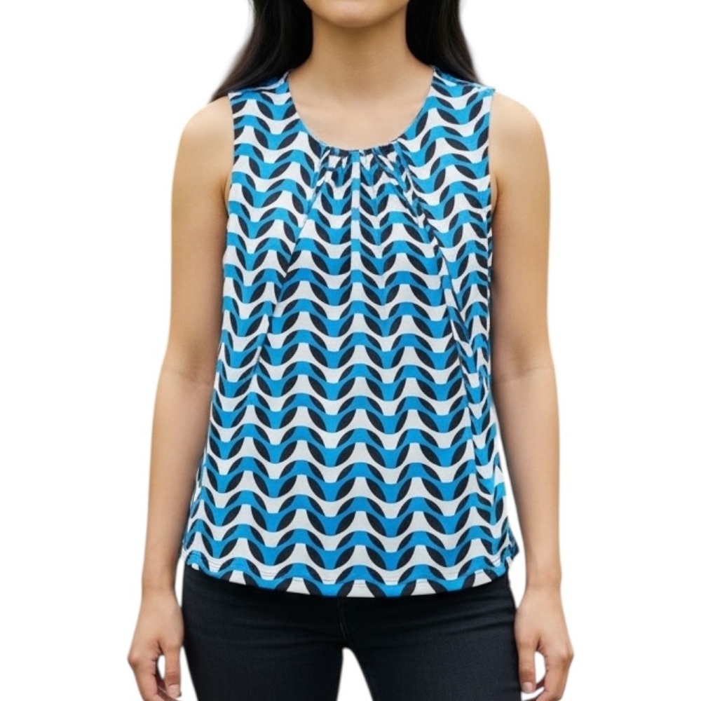 Calvin Klein Blue Black White Geometric Sleeveless Blouse Size Small NWT
